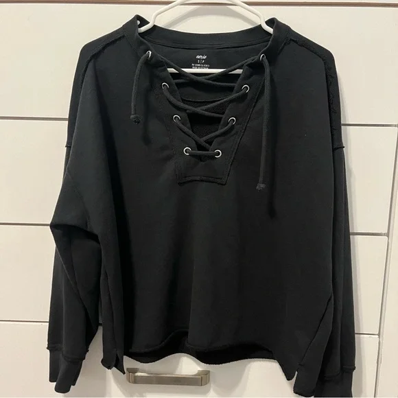 Aerie Black Lace Up Crewneck - Picture 2 of 5